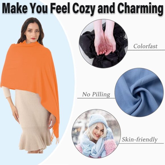🆕 Women Orange Evening Dress Wedding Pashmina Shawls Winter Warm Silky Scarves - Picture 3 of 6